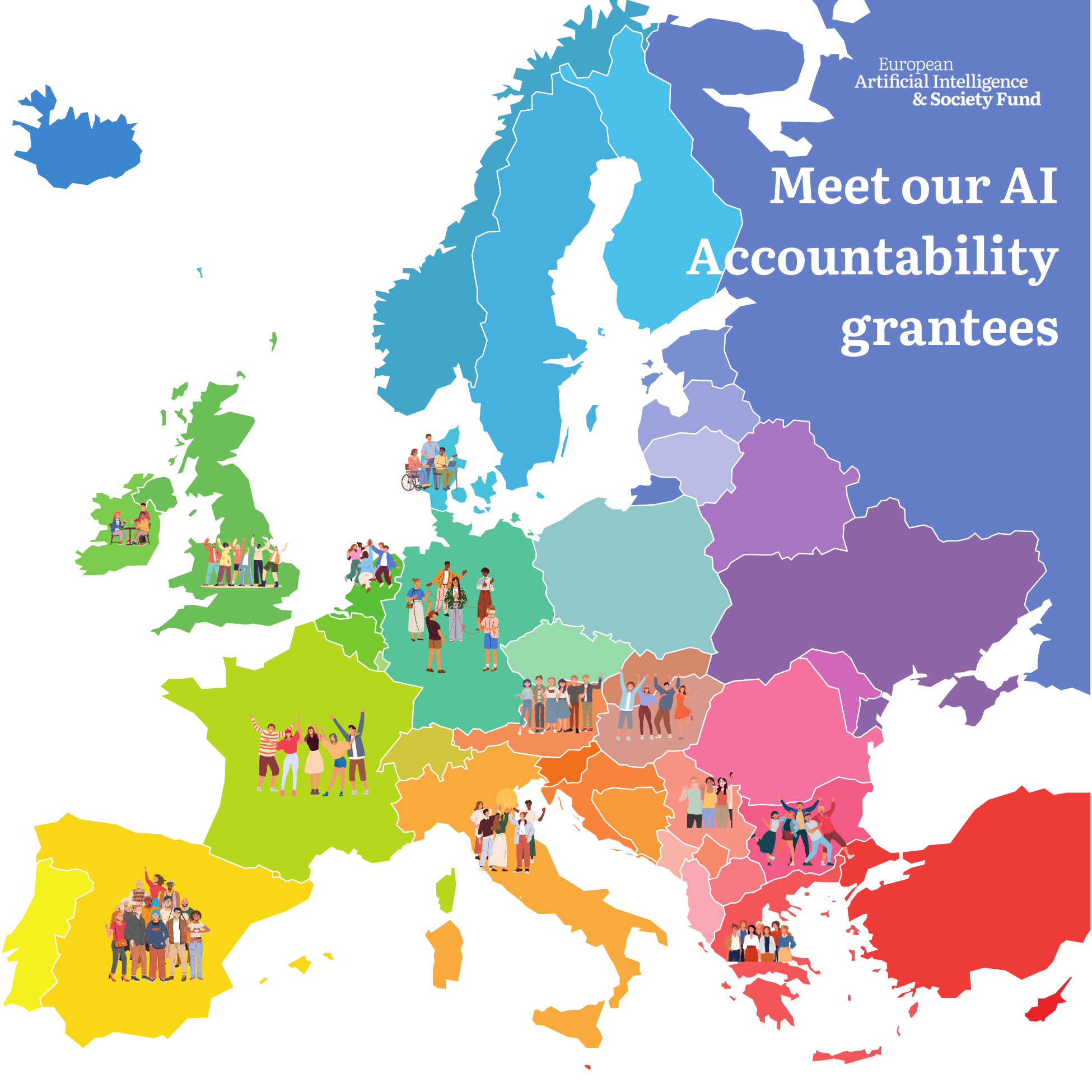 A map of Europe in different colours with the text Meet our AI Accountability grantees. 