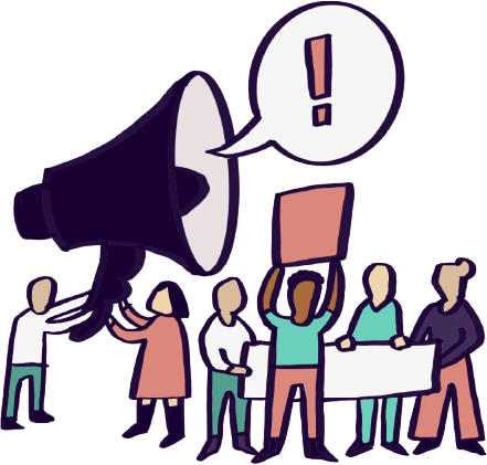 a drawing of people holding up a megaphone and banners, shaping the AI debate and building narrative power